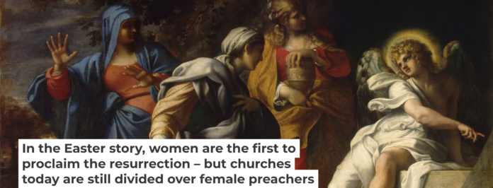 ‘Holy Women at Christ’s Tomb,’ by 16th-century painter Annibale Carracci, shows an angel explaining that Jesus has risen. Hermitage Museum via Wikimedia Commons